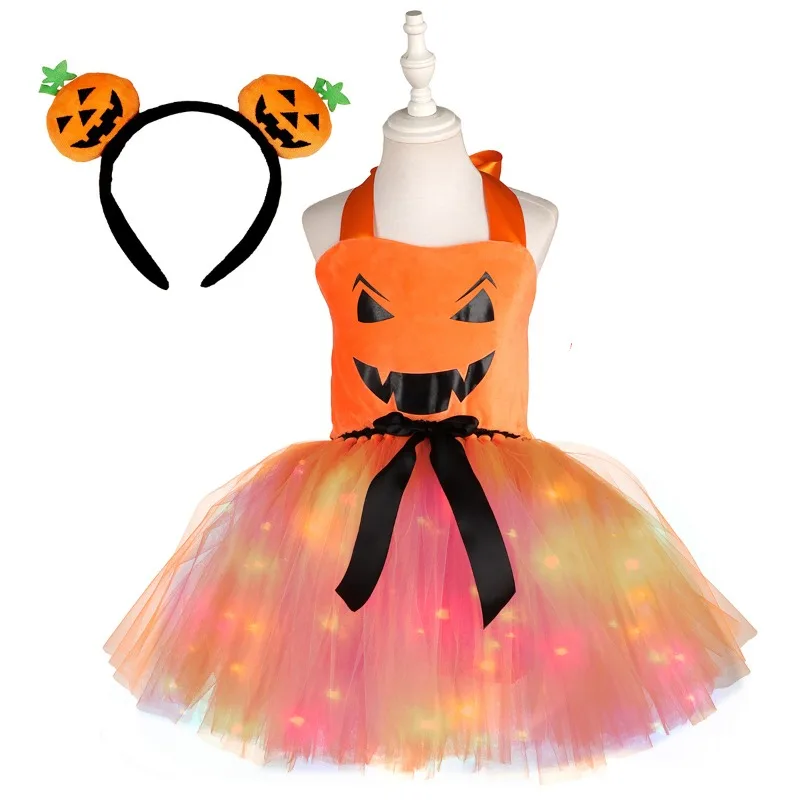 Girl's Light‑Up Fluffy Tutu Dress,Pumpkin‑Themed Exquisite Kids Outfit,Glowing Princess Costume Set for Halloween Carnival Party