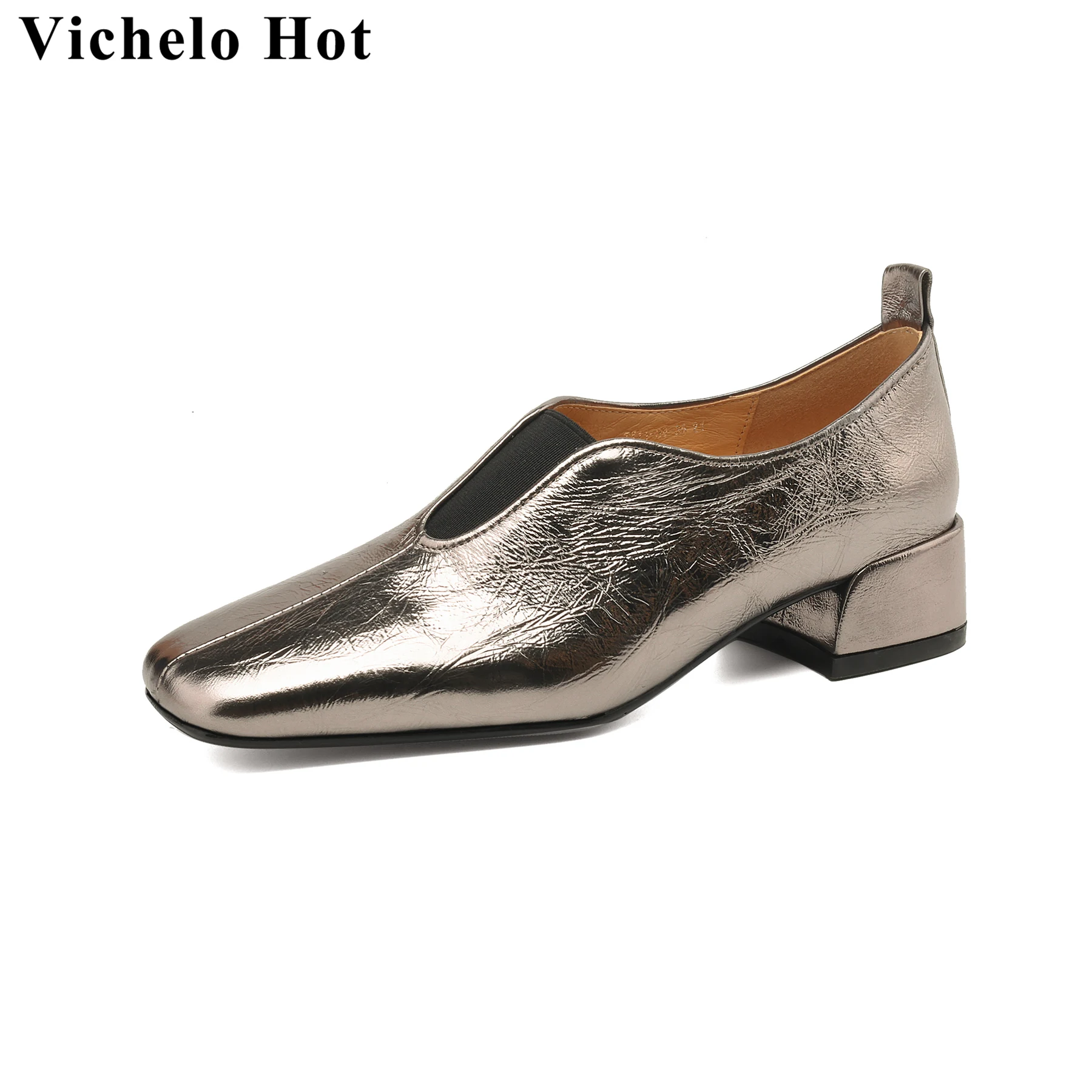 

Vichelo Hot 2024 New Arrival Sheep Leather Square Toe Concise Mature Med Heels Spring Autumn Shoes Party Comfortable Women Pumps