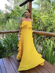 Summer New Women Pleated Chiffon Long Dress Pleated Strapless Dress Sexy Vacation Beach Party Gown for Ladies