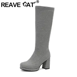 REAVE CAT Brand Women Knee High Boots Round Toe Block Heel 8cm Platform 1.5cm Slip On Size 47 48 Dating Female Stretch Bota