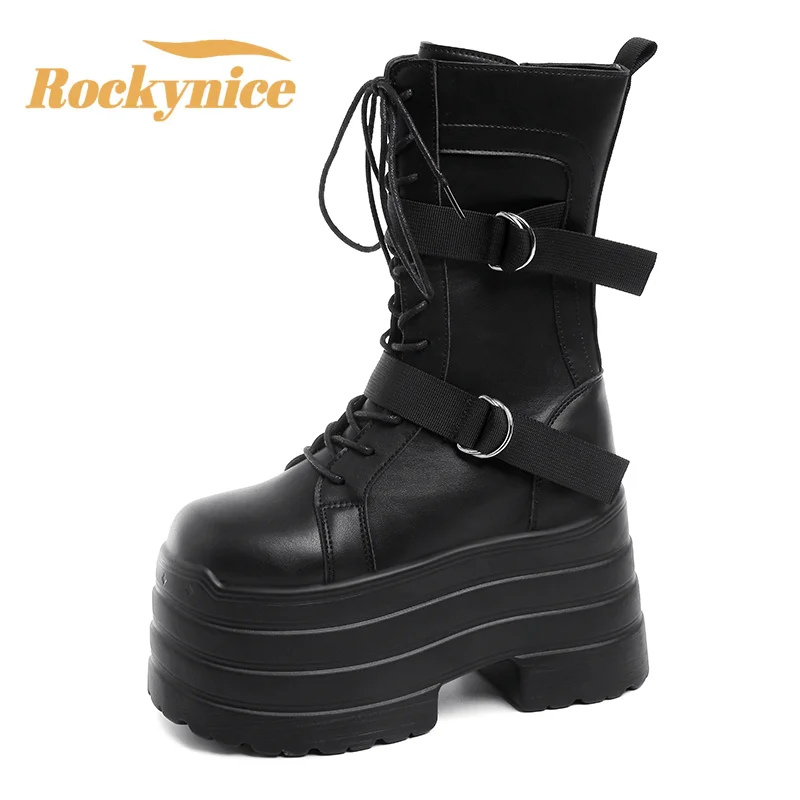 

13.5CM High Platform Gothic Boots Buckle Autumn Winter Leather Shoes Punk Street Cosplay Mid-calf Boots Motorcycle Short Botas