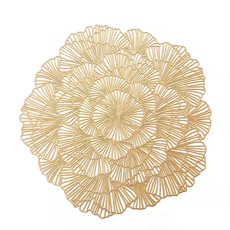 

Gold Round Placemats Set of 6 Hollow Out Flower Shaped Table Mat Pressed Vinyl Place Mats Table Decor Wedding Placemat