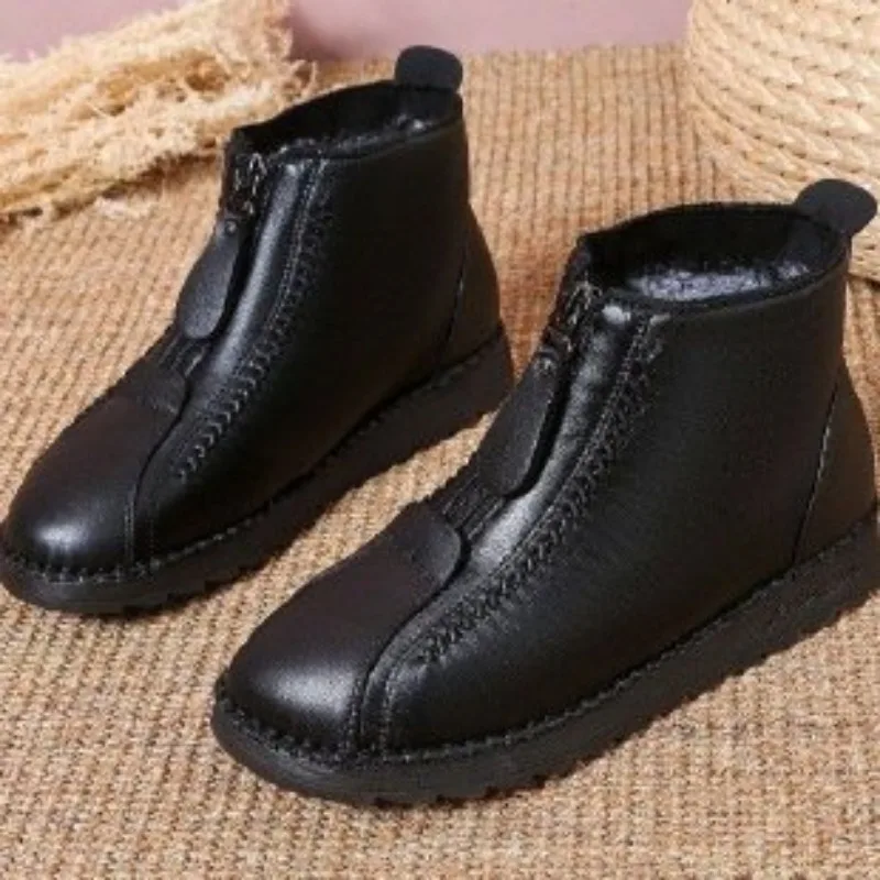 2024 Winter Women Ankle Boots Fashion Warm Mother\'s Boots Flat-Bottom Comfortable Non Slip Front Zipper Closure Female Footwear