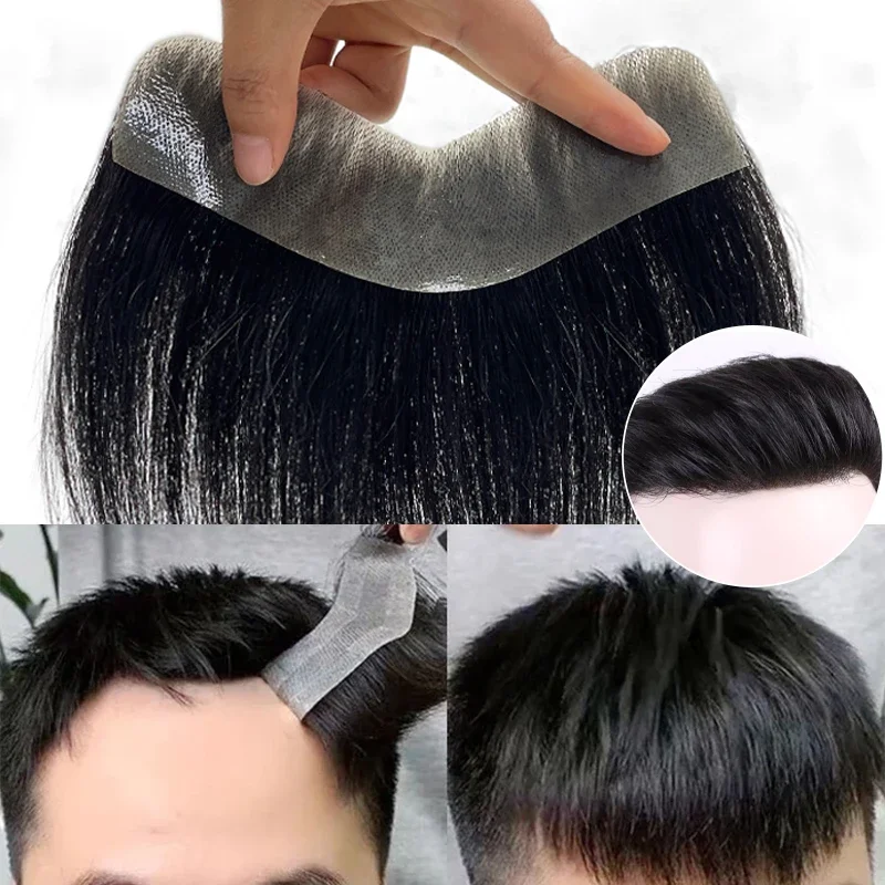 100% cabello humano para hombres, 15cm, negro Natural, PU, V Loop, peluquín frontal, pelucas de línea de cabello, reemplazo de cabello Remy, peluca recta de 6 pulgadas