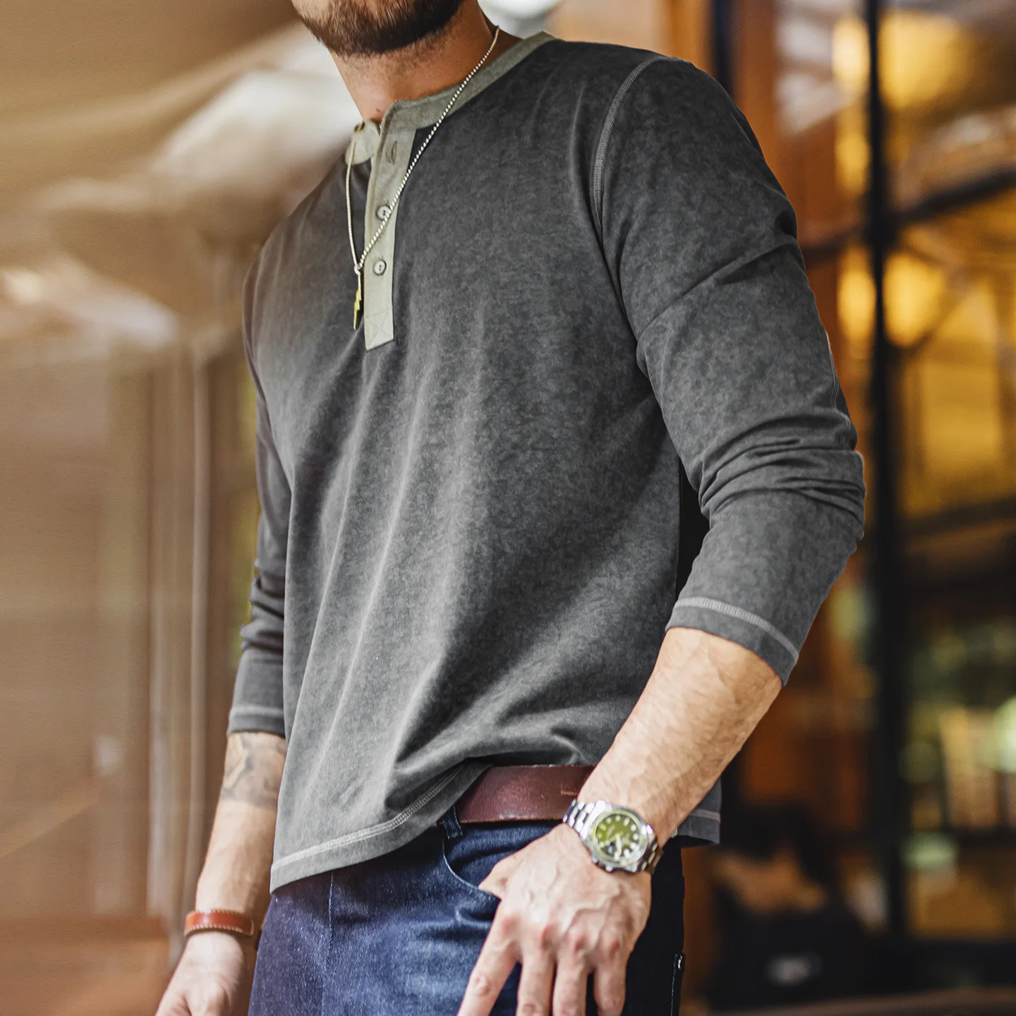 MADEN Henley Shirt Long Sleeve T-Shirt Men Vintage Garment Dyed Mottled Heather Grey Relaxed Layering Base Layer Autumn view 5