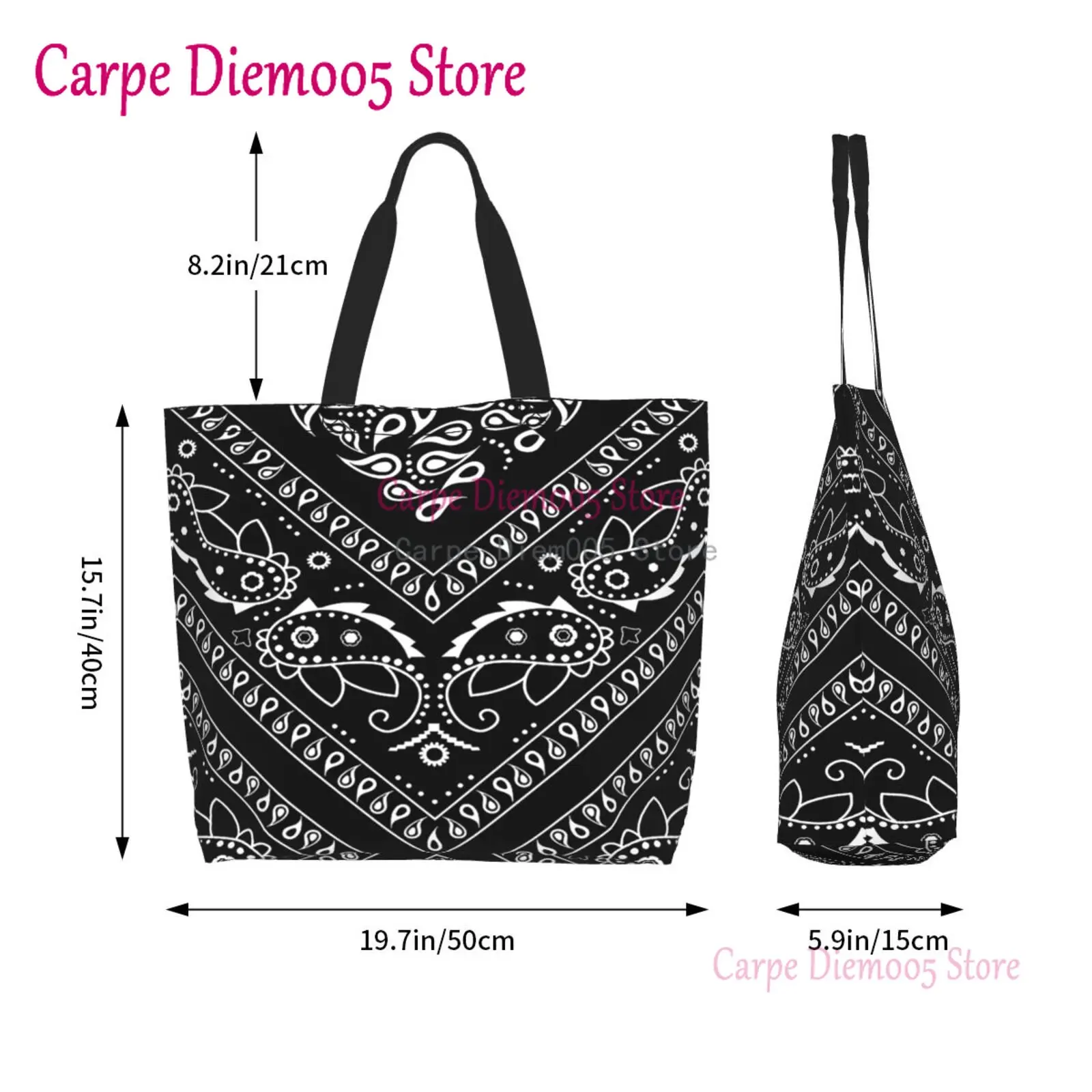 Black And White Paisley Chicano Bandana Style Large Capacity Shopping Grocery Tote Bag For Ladies