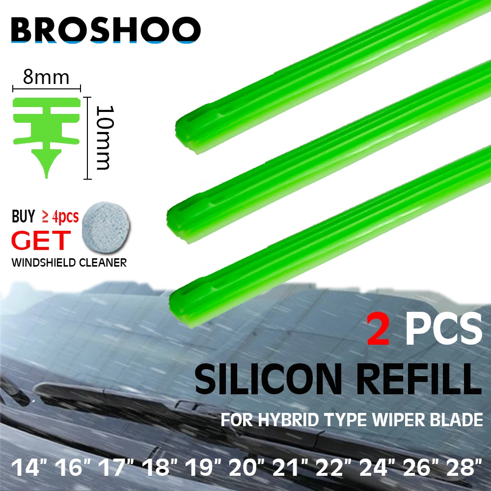 Bilah Wiper mobil hijau, untuk bilah Wiper mobil tipe hibrida, Strip isi ulang silikon silika Gel 8mm 14 "16" 17 "18" 19 "20" 21 "22" 24 "26" 28"