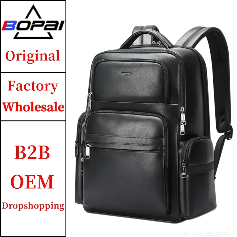 BOPAI Wholesale  large Capacity Business 15.6 Inch Laptop Usb Charging Custom Bag Pack Men Luxury Travel Genuine Leather Backpac