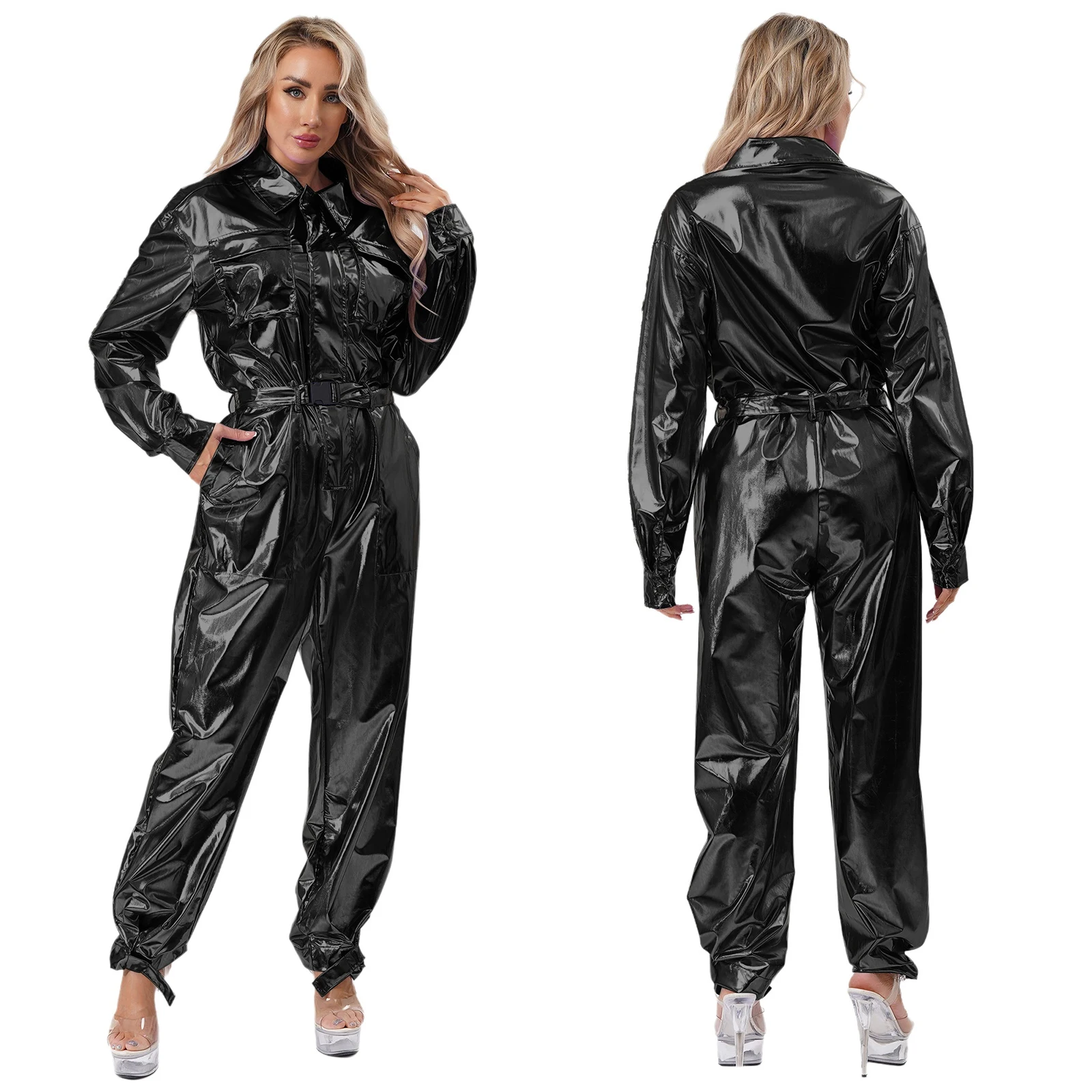 

Adult Women Metallic Astronaut Cosplay Bodysuit with Waistband Holographic Long Sleeve Leotards Halloween Carnival Costumes