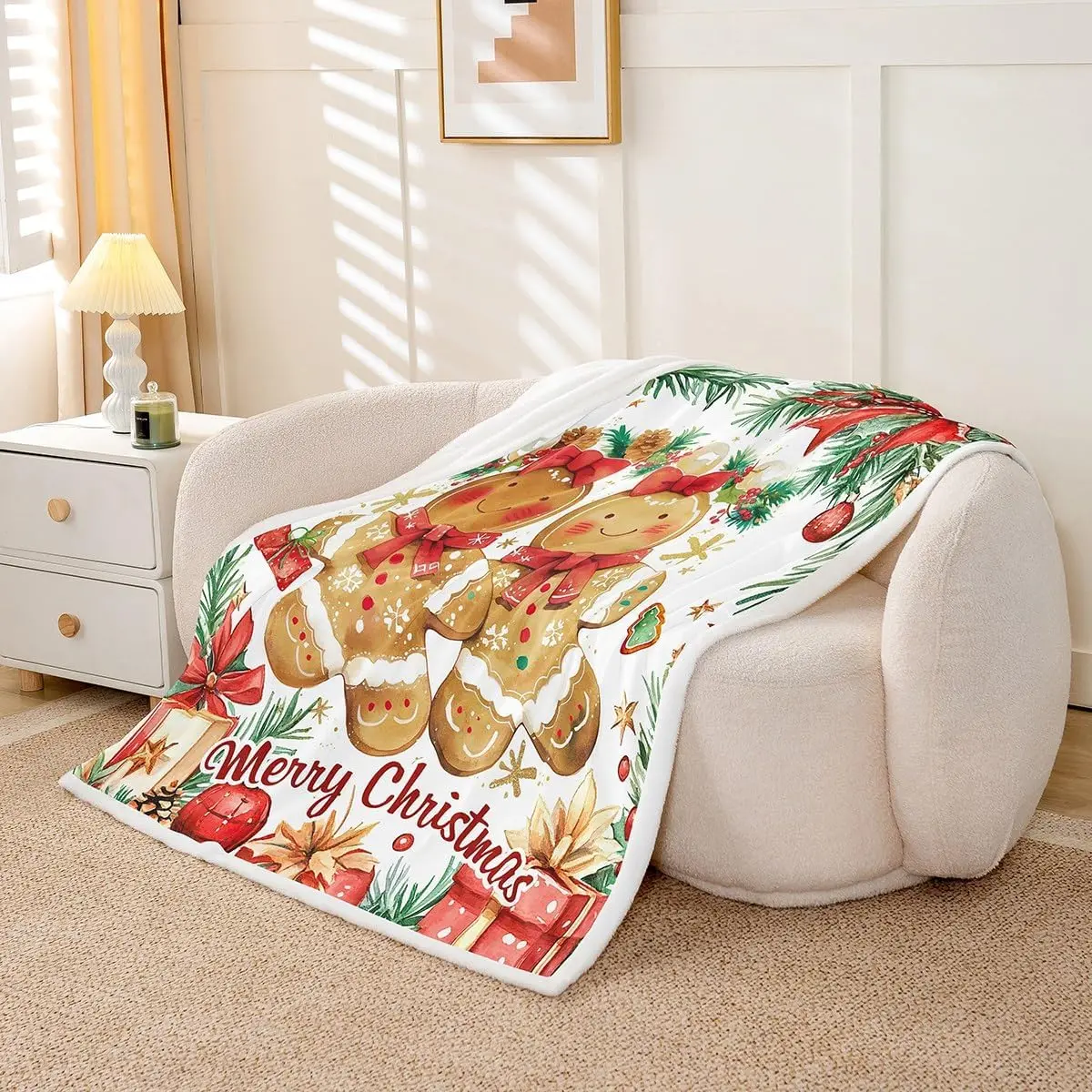 Gingerbread Man Fleece Throw Blanket  - Ultra-Soft for Couch Sofa Bed,Merry Christmas Sherpa Blanket,Happy New Year Fuzzy Plush