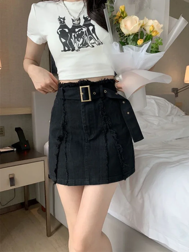 เข็มขัดวินเทจ DENIM กระโปรงผู้หญิงพู่ Streetwear เอวสูงกระโปรงมินิอเมริกัน Retro เซ็กซี่ Slim Casual กระโปรงสาย