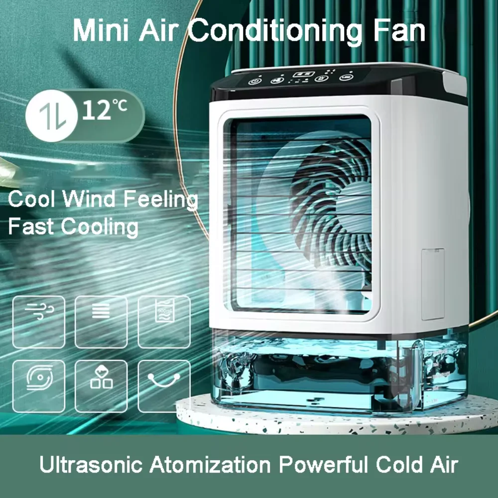 Portable Air Conditioner with Spray & Ice Box Desktop Cooling Fan with Colorful Light Small Air Cooler Fan for Outdoor Camping