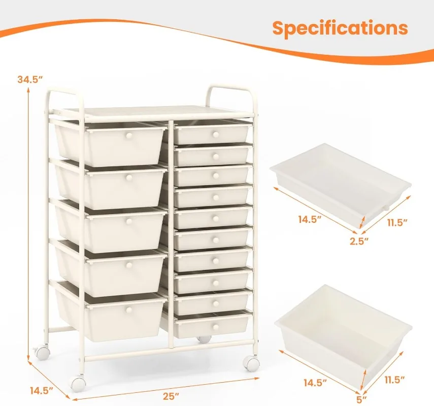 عربة دوارة مكونة من 15 درجًا، منظمات الفصول الدراسية، عربة تخزين بعجلات، لأدوات اللوازم المدرسية المنزلية والمكتب المعلم