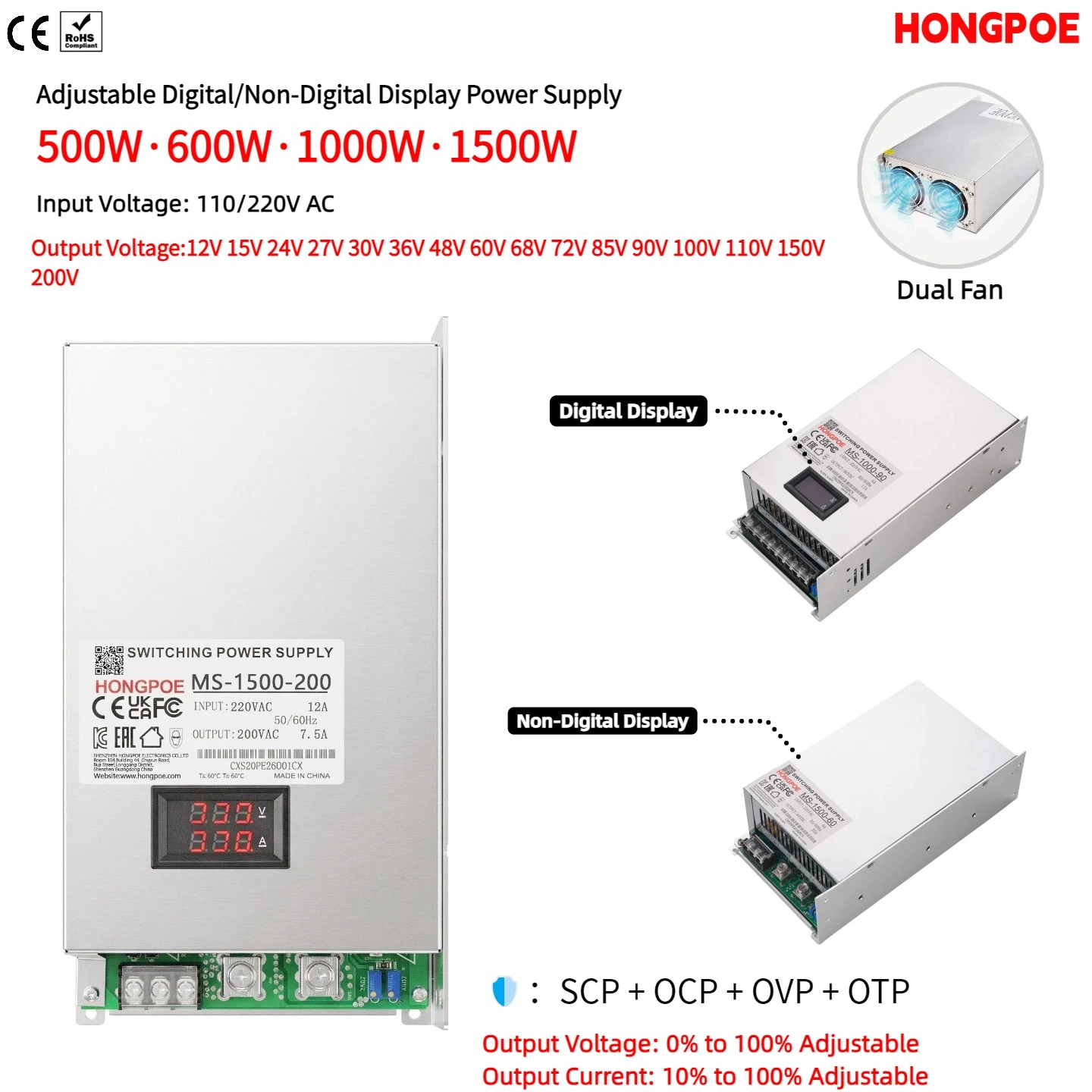 Fuente de alimentación conmutada (SMPS) CE ajustable de 12-200 VCC con pantalla LED, 500W, 600W, 1000W, 1500W, entrada 110/220 VCA para motores, baterías, CCTV, impresoras 3D