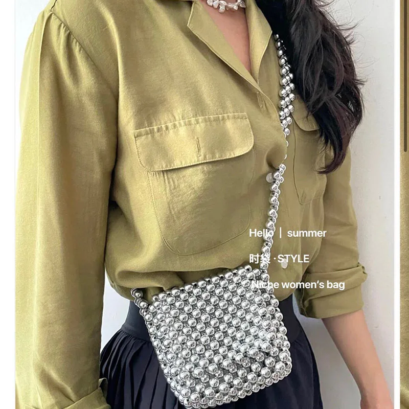 

Customized Handmade Woven Beaded Crossbody Bags for Woman New Retro Ins High-end Texture Silver Versatile Women's Shoulder Bag