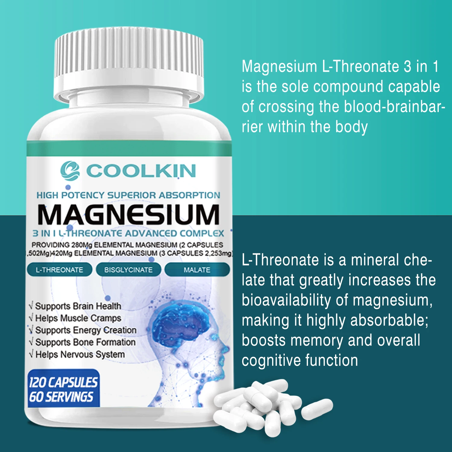 كبسولات المغنيسيوم - الدماغ، دعم العظام، تعزز الذاكرة والوظيفة المعرفية، تحسن جودة النوم - 120 كبسولة