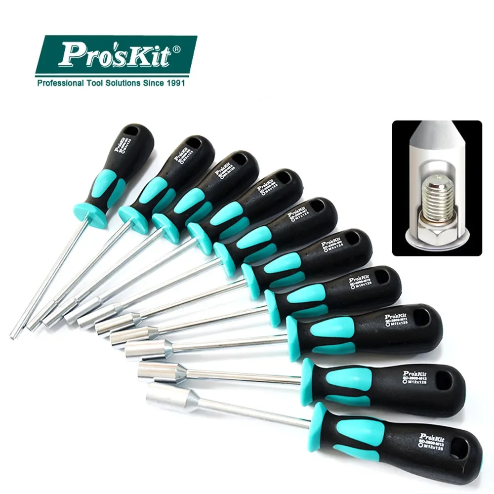 Pro\'sKit Hollow-Shaft Nut Driver Hex Bit Socket Key Wrench Screwdriver Hand Tools 7-18mm Metal Socket Driver Hex Nut Key Wrench