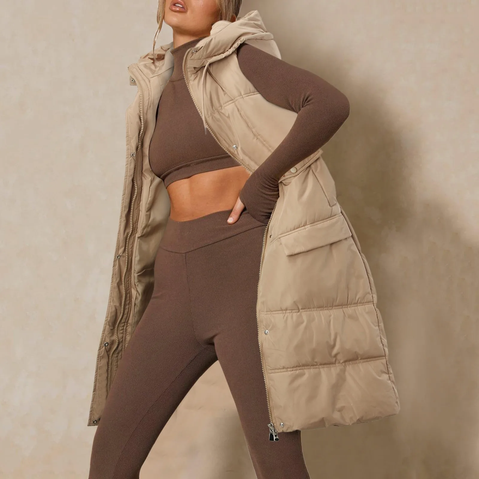 

Hooded Vest Women 2023 Autumn Winter New Fashion Solid Color Long Casual Single Breasted Waistcoat Feminina Outerwear Coats