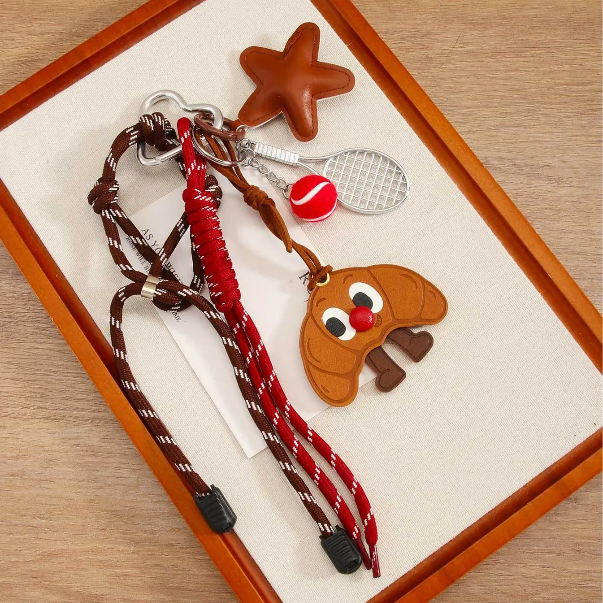Creative Homemade Leather Big Eyes Croissant Keychain Pendant Cute Tennis Red Nose Toast Bread Star Braided Rope Keyring Bag