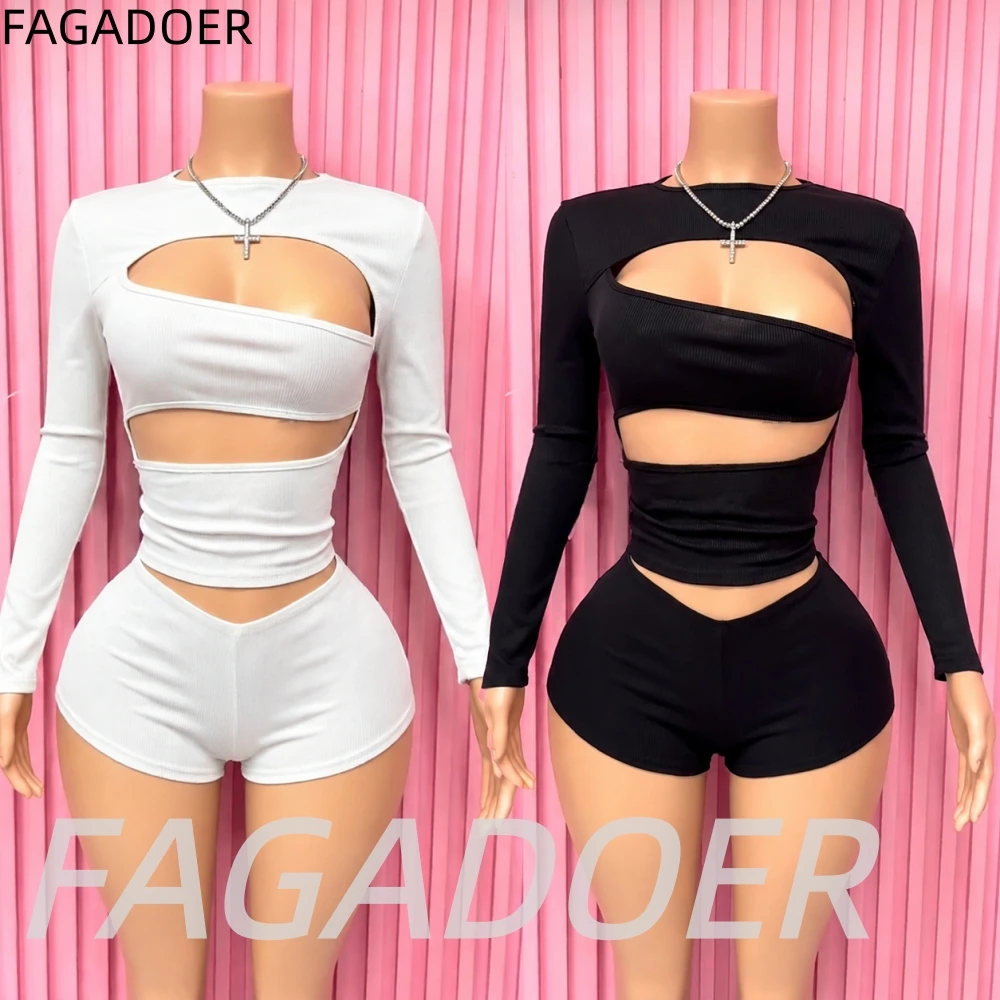 FAGADOER Sexy Hollow-out Patchwork 2 Piece Sets Woman Outfit Solid Color Sleeveless Crop Top + Shorts Female Streetwear Clothing