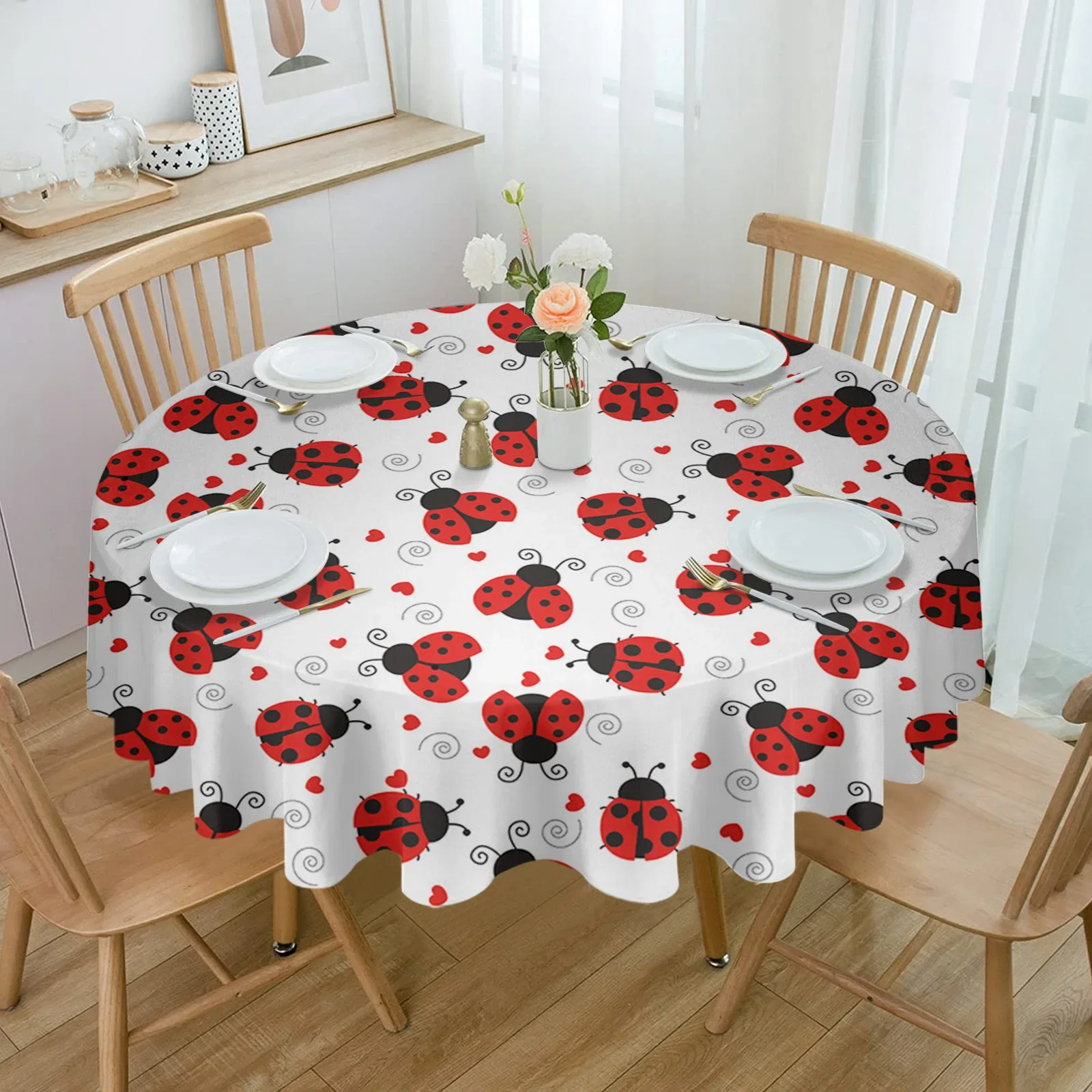 Red Ladybug Love White Round Tablecloth Waterproof Table Cover Home Kitchen Table Cloth Dining Table Decoration Accessories