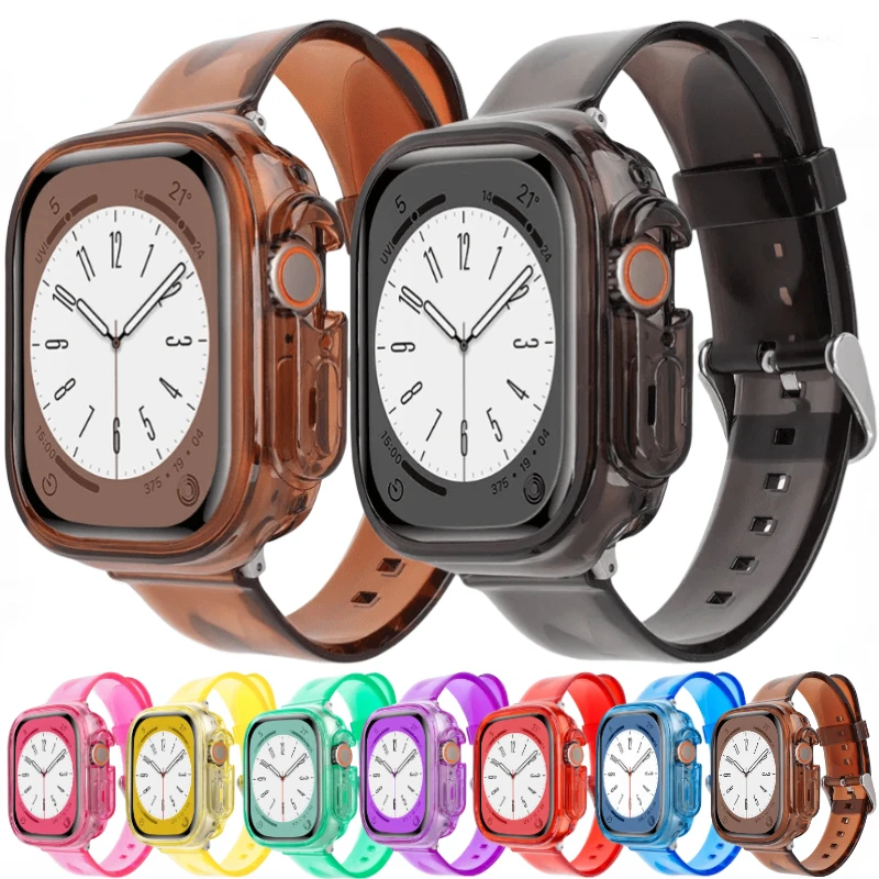 

Silicone Strap＋Case For Apple Watch Ultra 49mm 45mm 41mm 44mm 40mm 42mm Transparent Protective Cover iWatch 9 8 7 6 5 4 SE Band