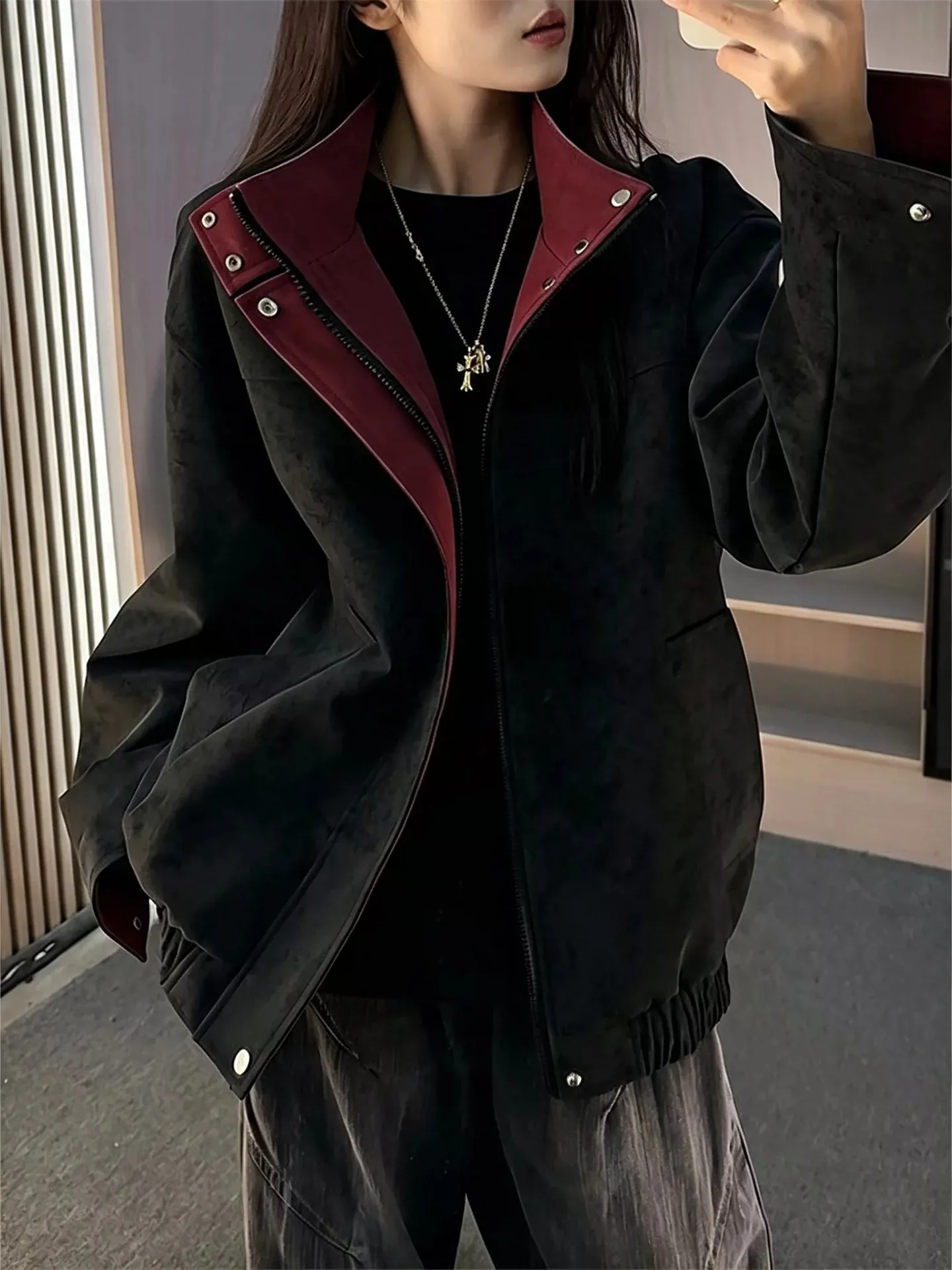Retro American Dyed Leather Jacket Men's Short Baseball Style Stand Collar Contrast Color Design Casual Outerwear Coat