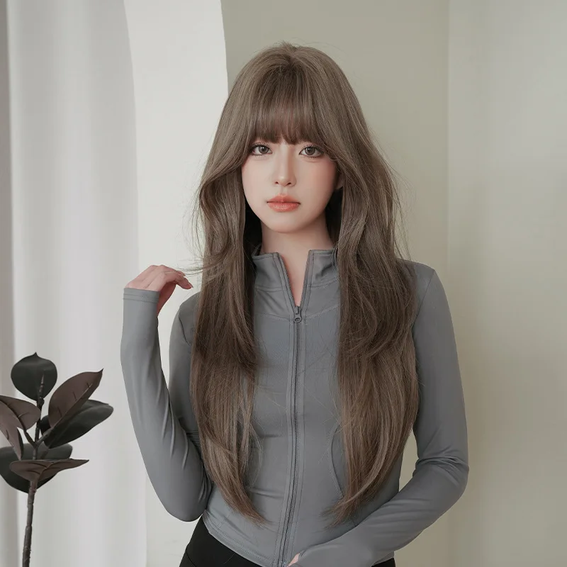 Women's long straight hair wig with slight curls, full head cover, 2025 summer new product, internet celebrity wig, natural synt