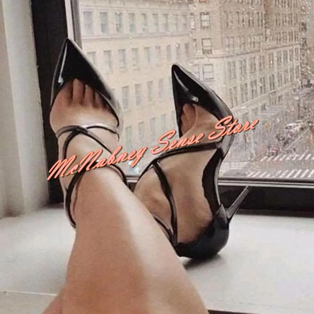 

Cross Tied Buckles Strap Pumps Pointy Toe Solid Patent Leather Women Sexy Pumps Thin High Heels Spring Party Dress Shoes Black