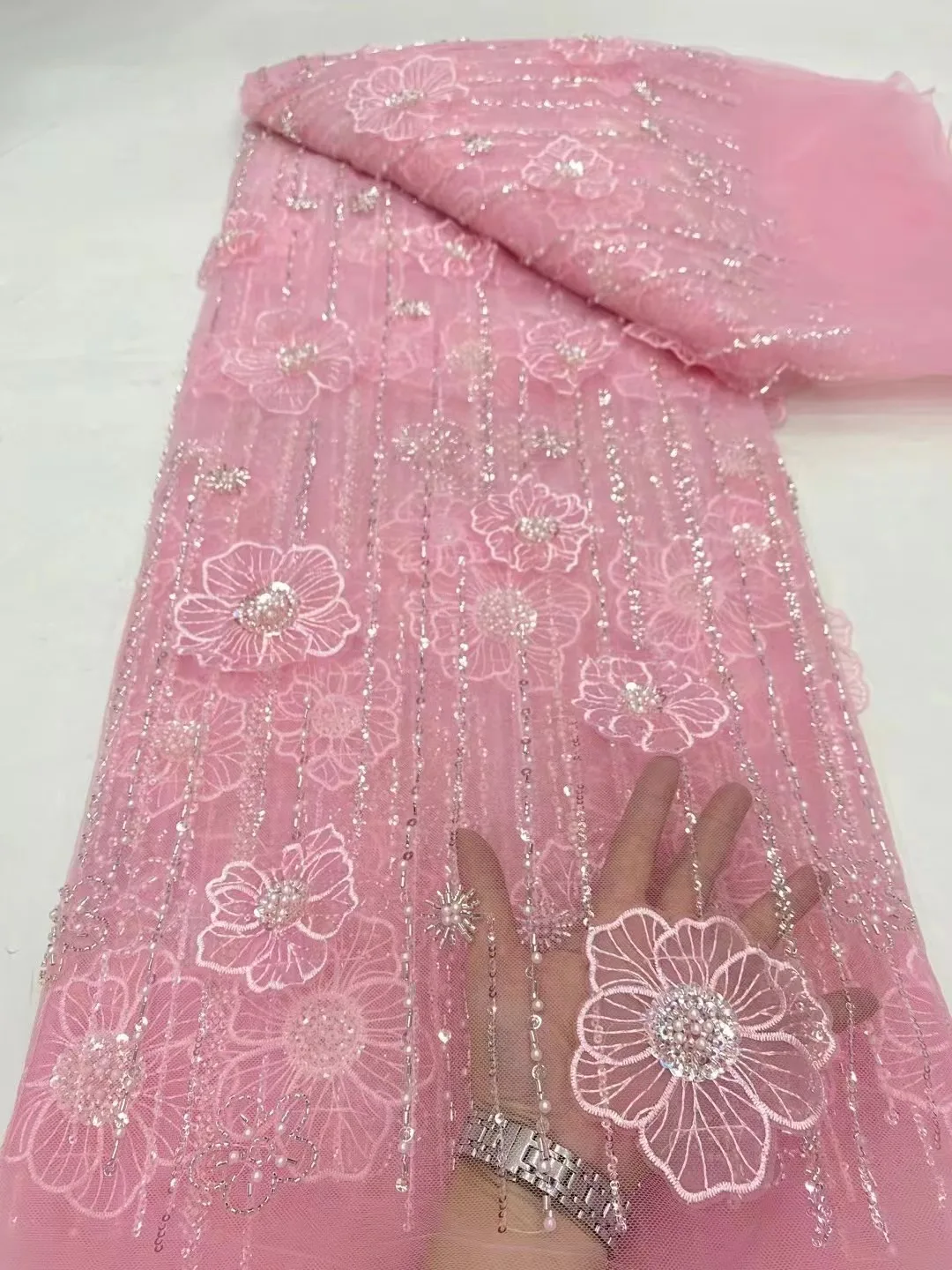 

Fashion Elegant French Embroidery Rice Beaded Lace Fabric African Nigerian With Sequins Fabric For Wedding Dress