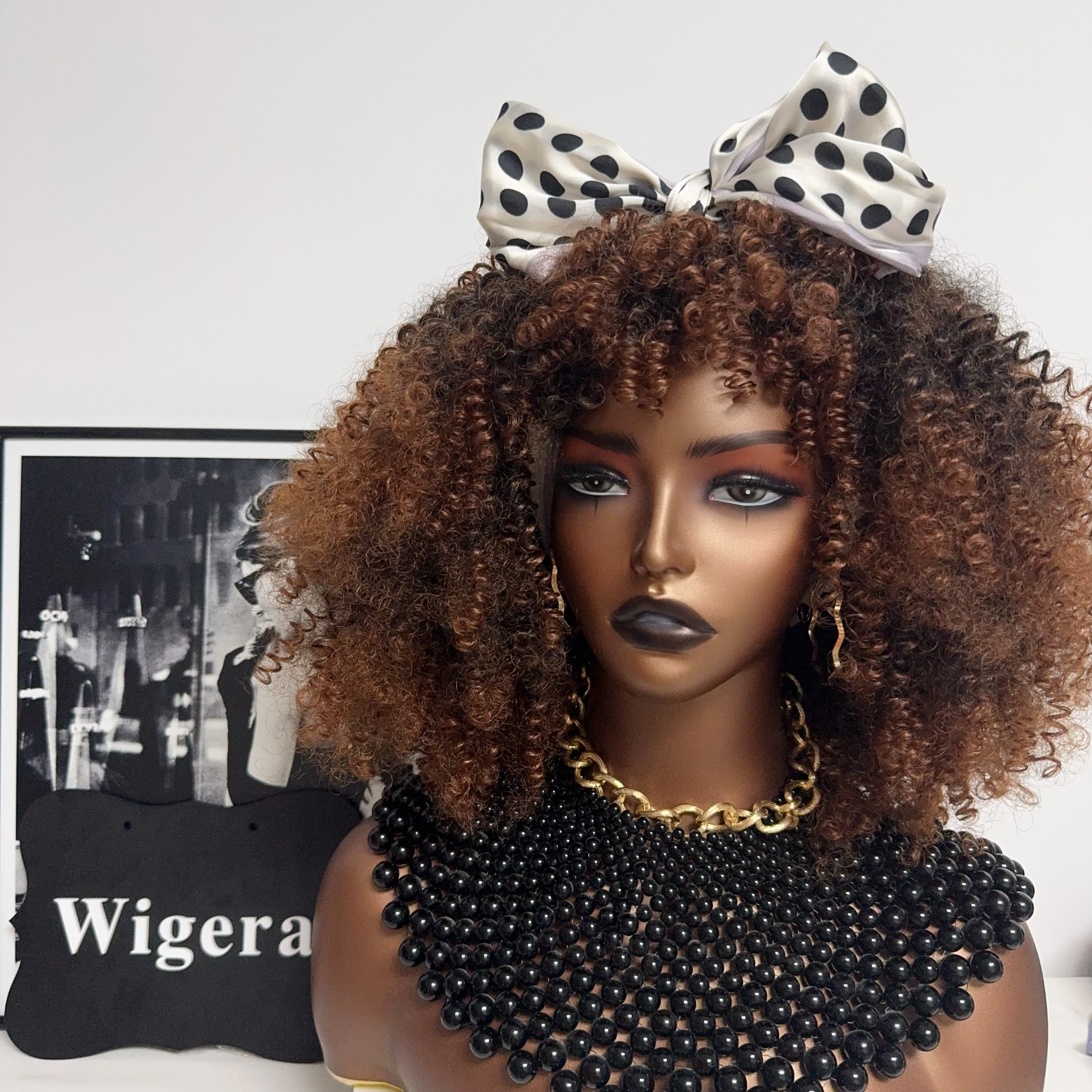 

Wigera Synthetic Colorlful Short Ombre Black Deep Brown Afro Curly Wigs With Bangs 1B/30# Short Kinky Curly For Black Women