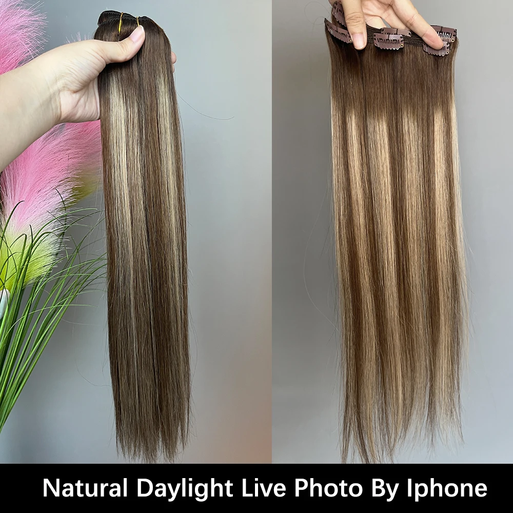 T4P4-27 براون Balayage كليب في وصلات الشعر شعر بشري طبيعي حقيقي بشرة ريمي جودة الحرير وناعم 120 جرام 12-22 بوصة 7 قطعة