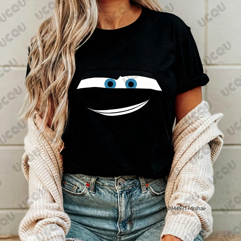 2026 سيارات البرق ماكوين طباعة المرأة القطن تي شيرت الصيف قصيرة الأكمام س الرقبة تيز عادية خمر المتضخم الأزواج القمم