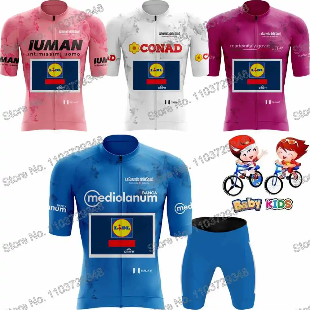 Niños Equipo de EE. UU. Lidl 2025 Gira por Italia Conjunto de maillot de ciclismo Verano Muchachos Ropa de ciclismo Traje de camisa de bicicleta de carrera de carretera Manga corta BTT Pantalones cortos de bicicleta