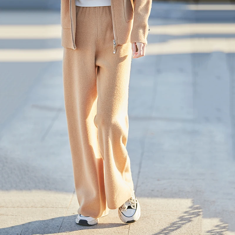 Feminino 100% lã merino terno de duas peças o-gola pulôver malhas camisola calças retas conjunto outono inverno solto confortável