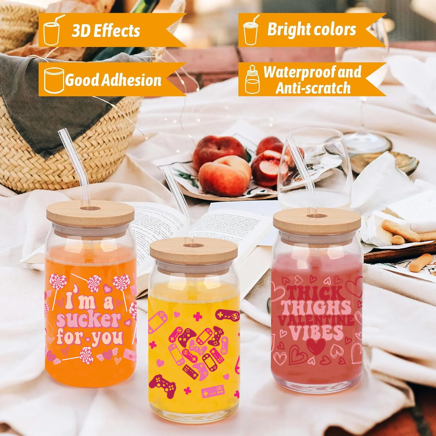 Valentine' day easy to peel off waterproof DIY sticker 3D transfer UV DTF crystal sticker 16 oz suitable for Libbey  glasses