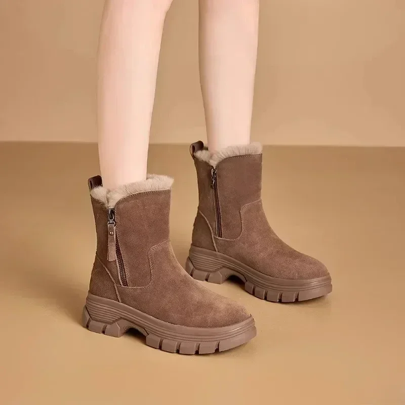

2025 Women's Snow Boots Winter Solid Color Plush Female Snow Boots Zipper Thick Bottom Anti Slip Warm Cold Proof Cotton Shoes