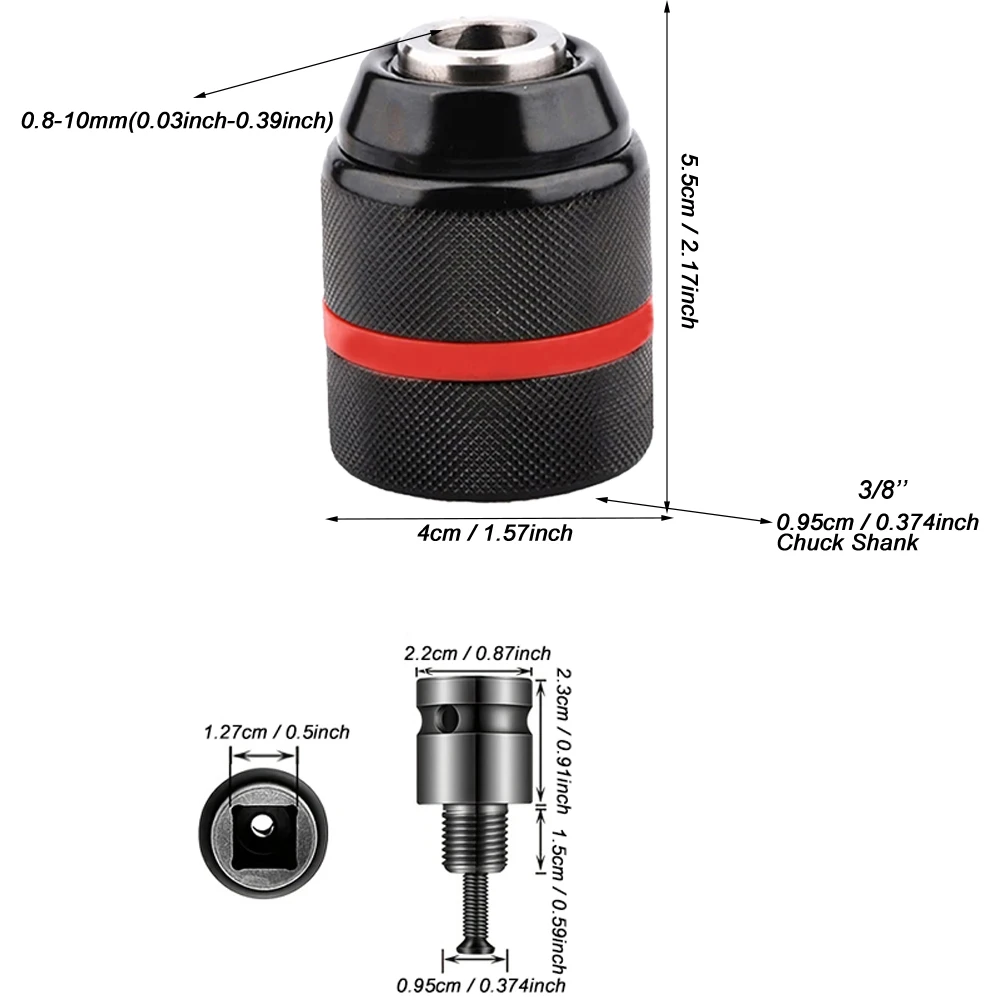 2pcs/set,0.8~10mm Ratchet Self-locking Drill Chuck,with Electric Wrench Adapter,3/8-24UNF Thread, 3Jaw Metal Keyless Chuck