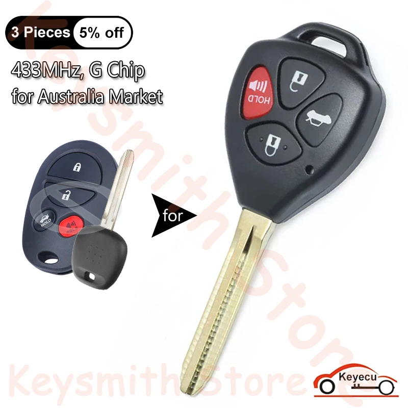 

KEYECU 4Buttons 433MHz G Chip for Toyota Camry Highlander Aurion 2006 2007 2008 2009 2010 2011 Upgraded Remote Key Fob Autralian