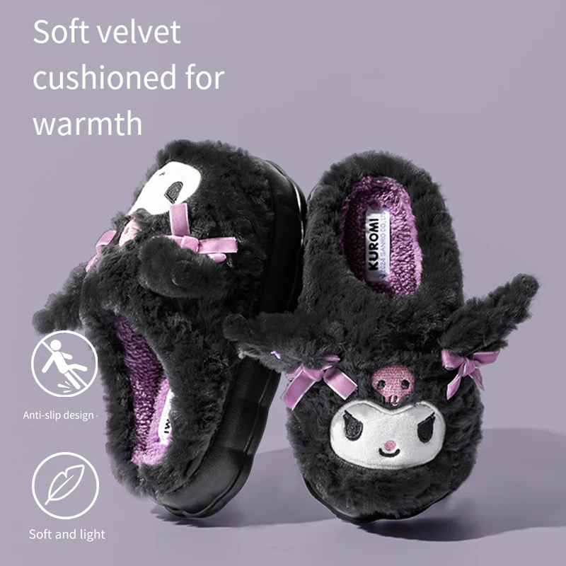 Sanrios Kuromi Child Cotton Slippers Autumn Winter Anime Girl Indoor Kawaii Cartoon Keep Warm Velvet Parent-Child Home Shoes