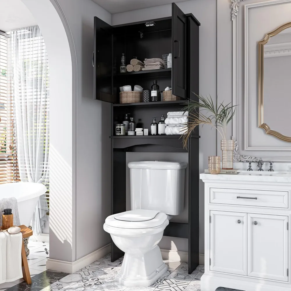 

Over The Toilet Storage Cabinet with Adjustable Shelf and Double Doors, Free Standing Bathroom Cabinets Organizer Open Shelf.