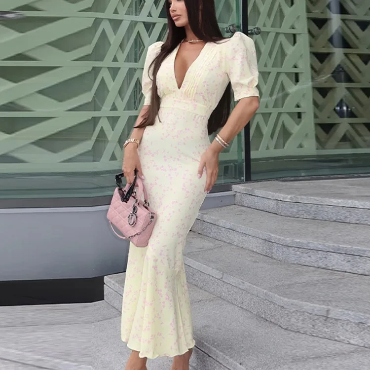 

Сексуальное летнее платье с принтом, глубоким V-образным вырезом, приталенное, с эффектом «рыбий хвост», из полиэстера, повседневное, с коротким рукавом