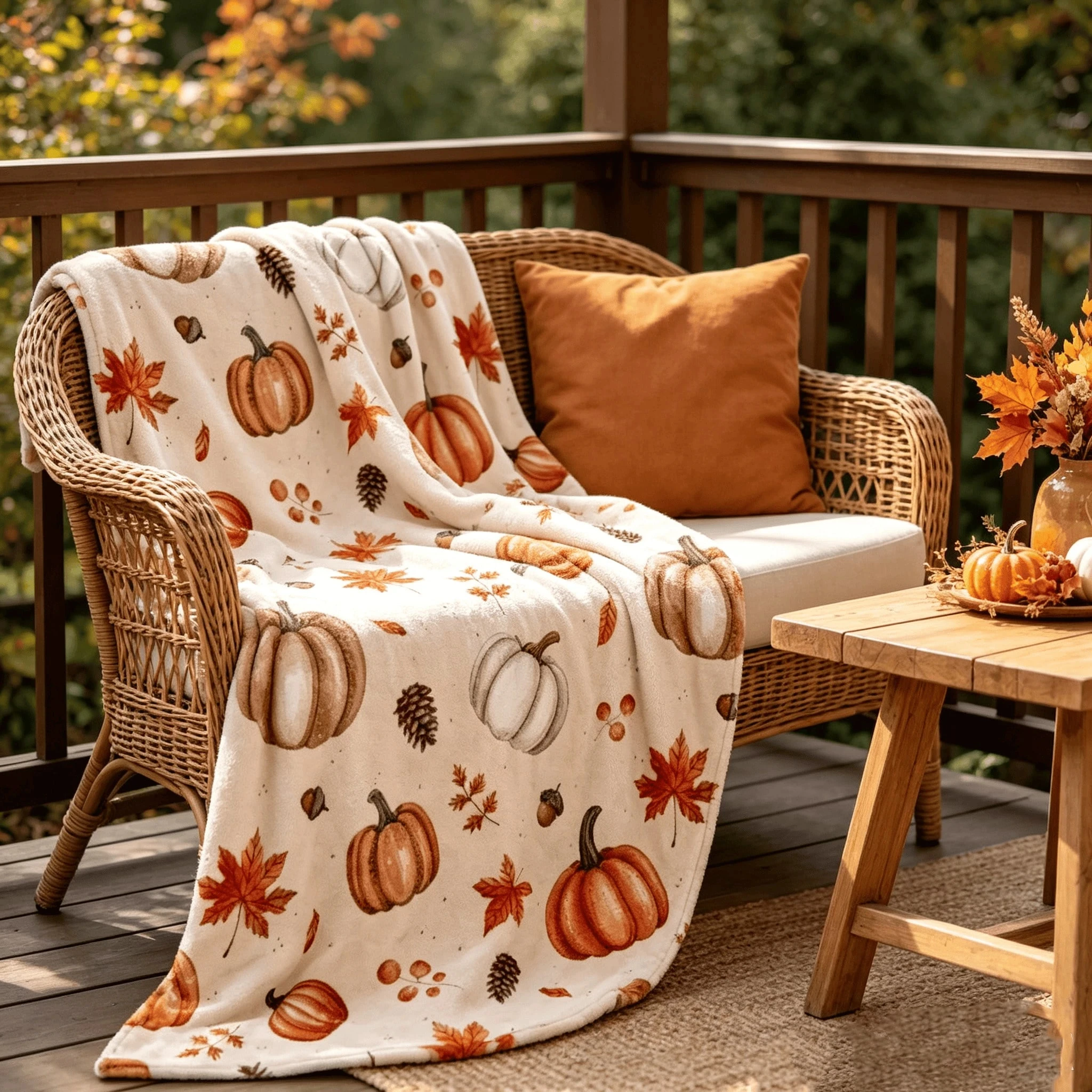 2026 Beige Watercolor Autumn Pumpkin Maple Leaf Plaid Toast Coffee Can Full Print Flannel Throw Blanket for Couch Bed Car