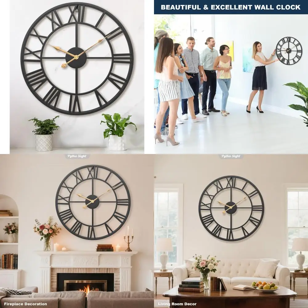 

30 Inch Large Vintage-Style Silent Round Wall Clock with Roman Numerals in Black Metal Frame