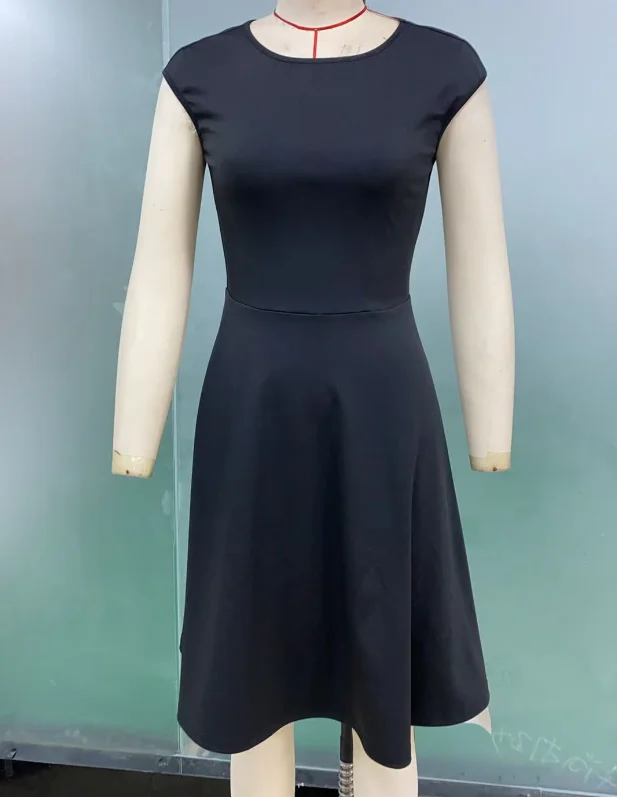 

Women's Dress Waist Cinched A-Line Dress Temperament Commuting Summer New Fashion Woman Black Short Sleeve Dresses Without Belt