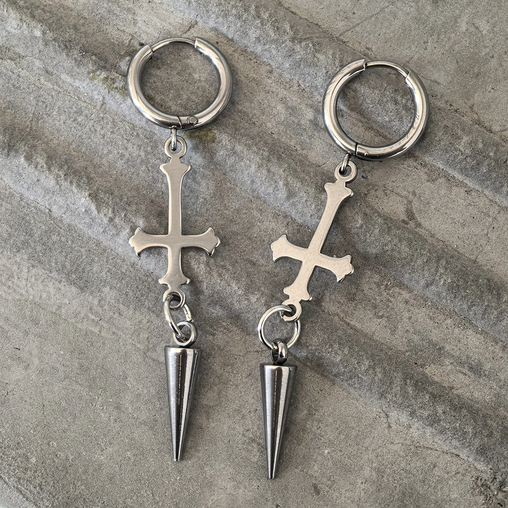 1 Pair of Y2K Punk Earrings Silver Inverted Cross Cone Spike Huggie Drop Earrings Gothic Aesthetic Jewelry