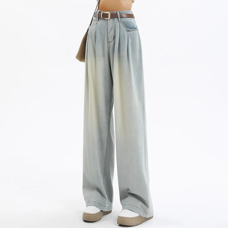 Woman High Waist Loose Wide Leg Pants Female Straight Leg Jeans Girls Fashion retro blue khaki gray light Blue Denim Trousers