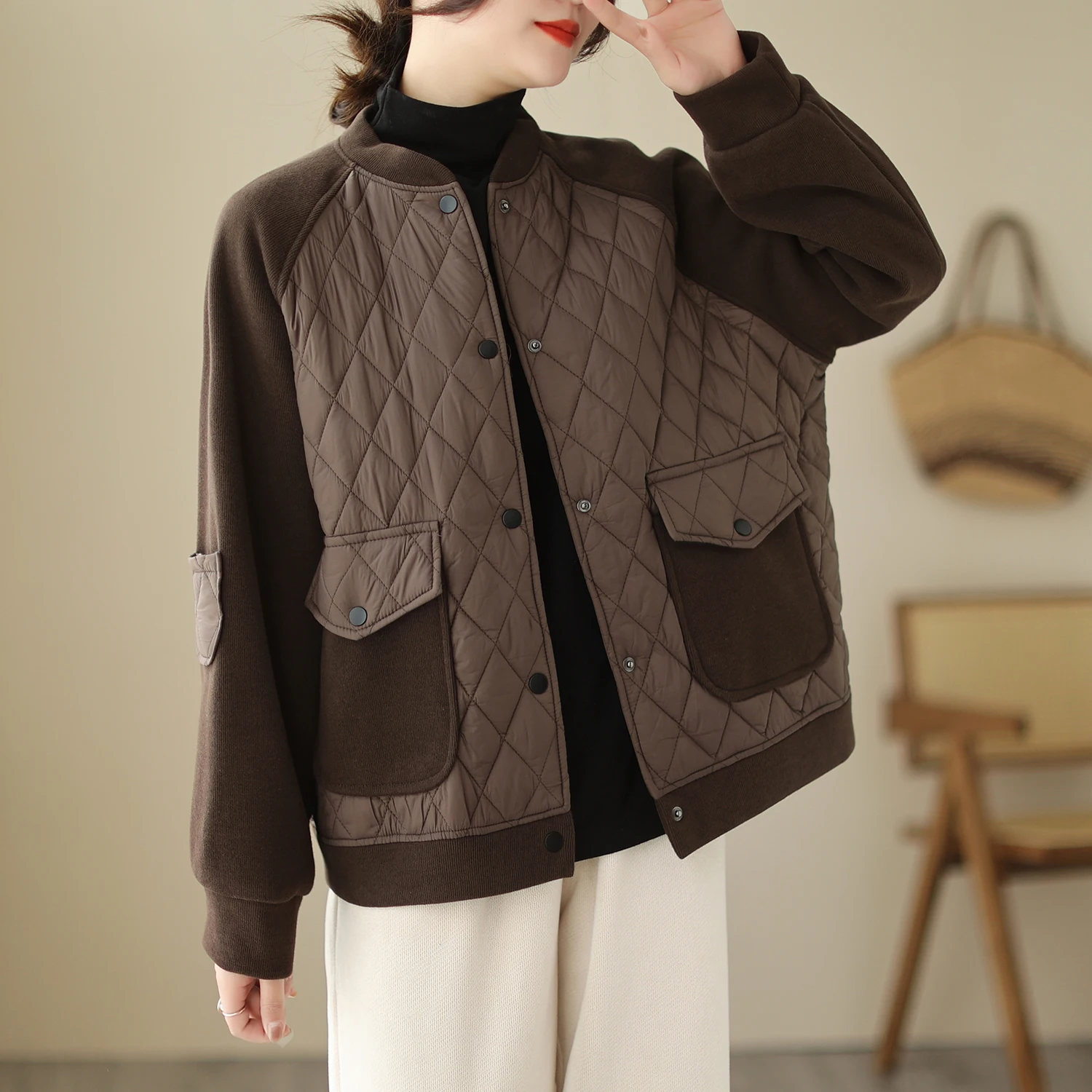 Women's Winter Thickened Quilted Short Jacket Korean Loose Casual Baseball Coat Diamond Pattern Splicing Cotton Outerwear
