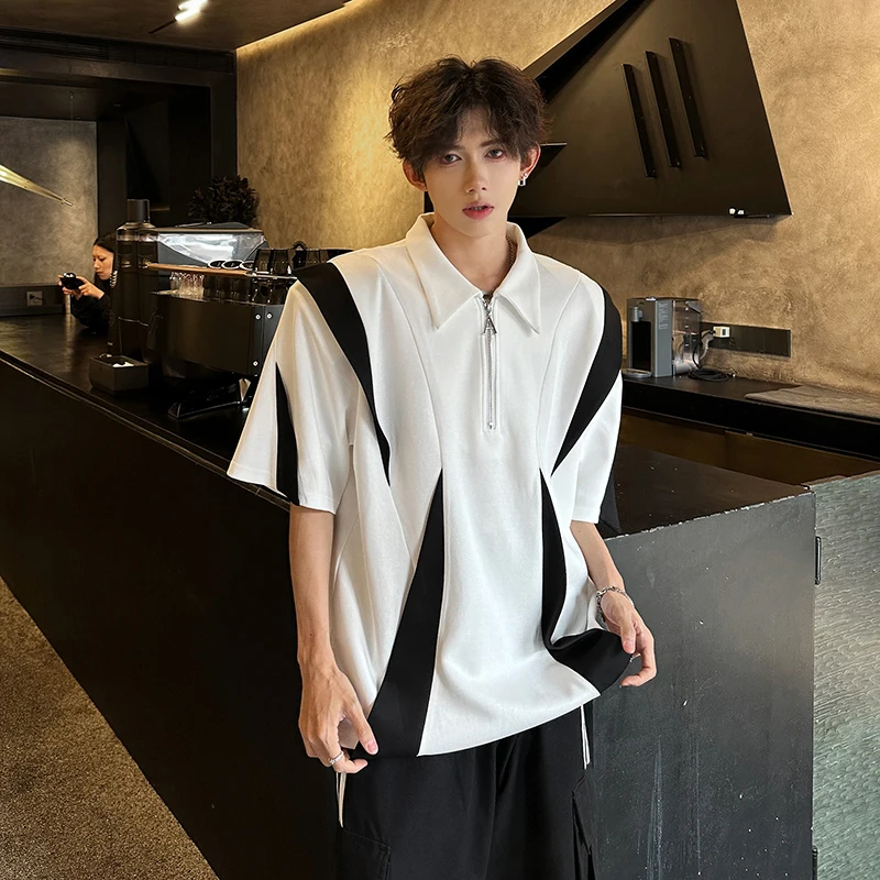 FEWQ Shoulder Pads Half Sleeves Niche Splicing Neck T-shirt High Street 2024 Contrast Color Turn-down Collar Male Tops 24E1360