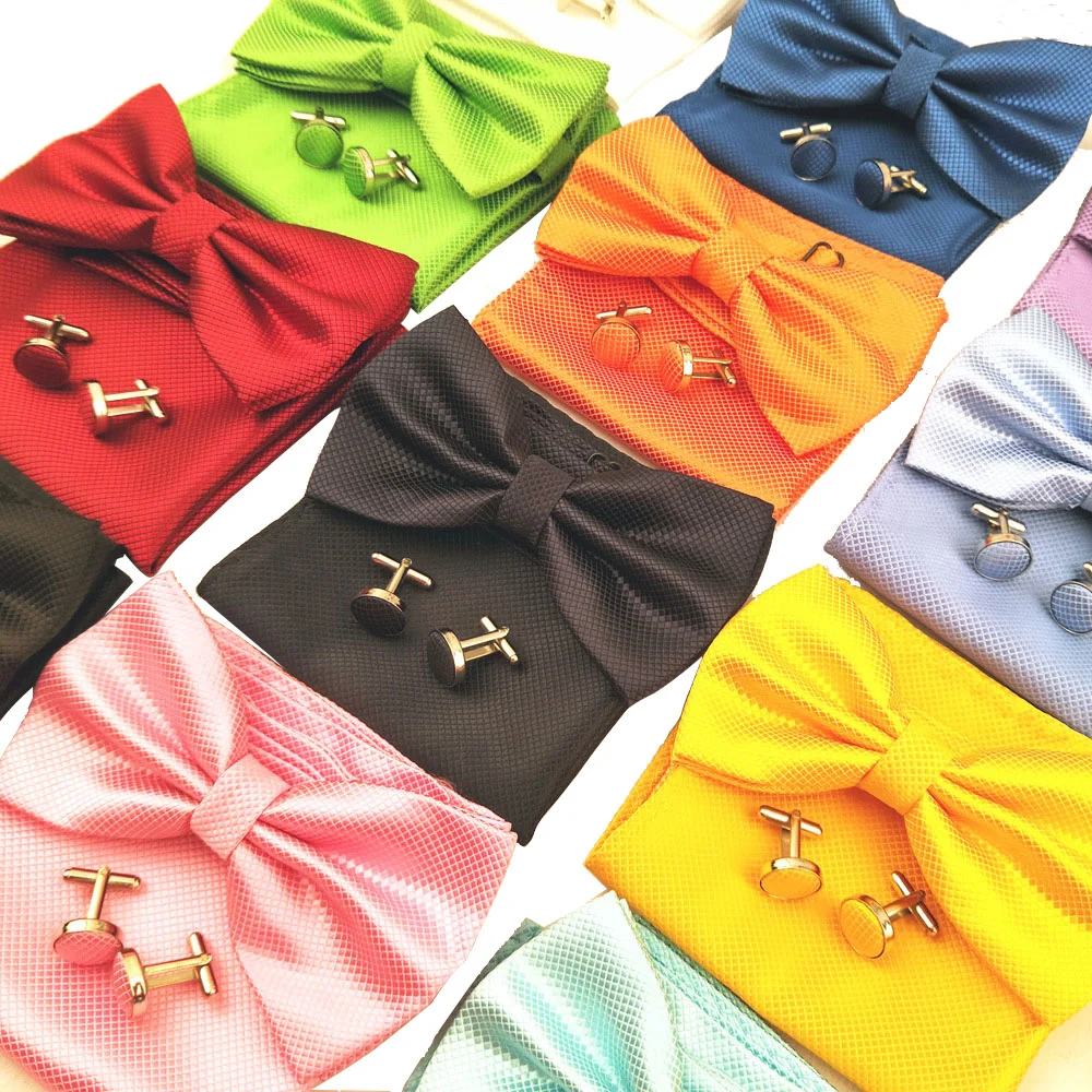 Men Bow Tie Set 3ps Cufflinks Pocket Square Solid Color Check Bowtie For Men Party Wedding Fashion Butterfly Shirt Tie Wholesale